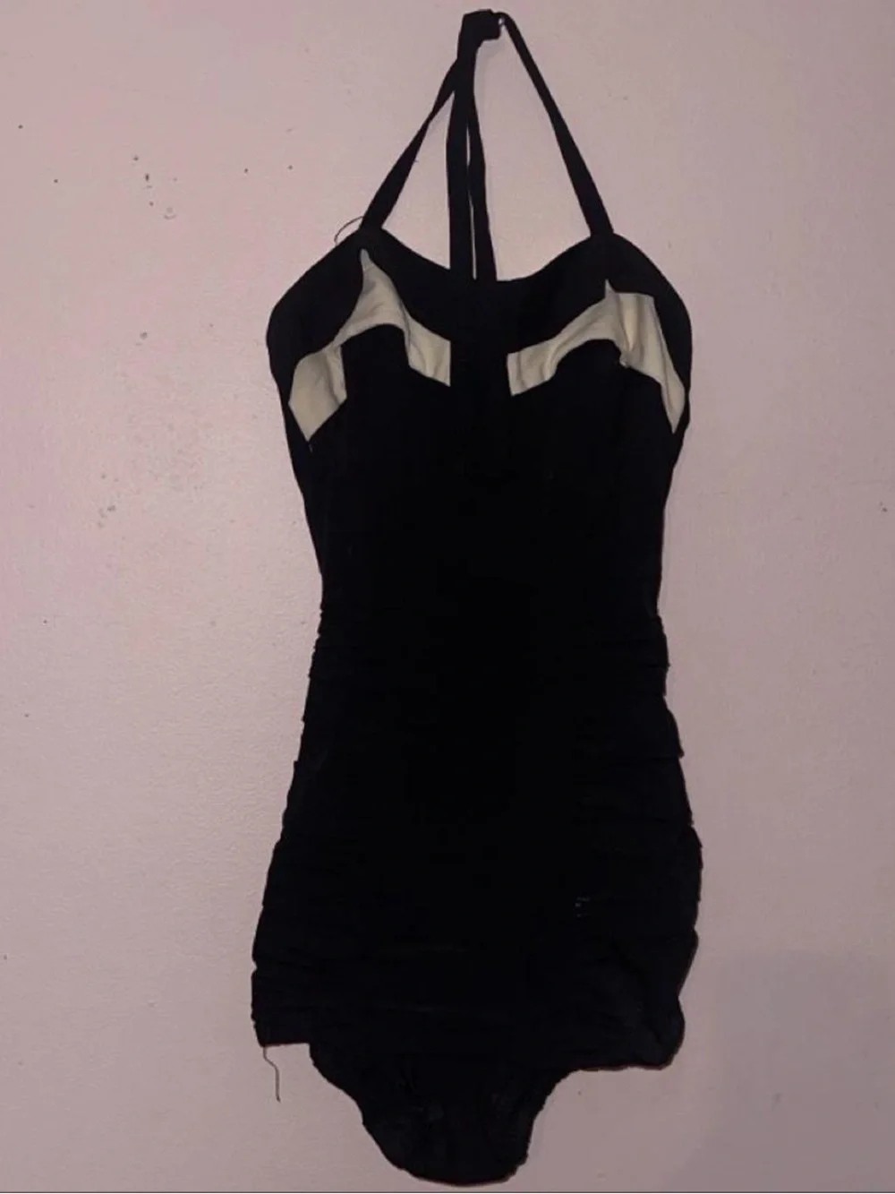 1950s Catalina Black One-Piece Halter Swimsuit with Cream Bust Accents